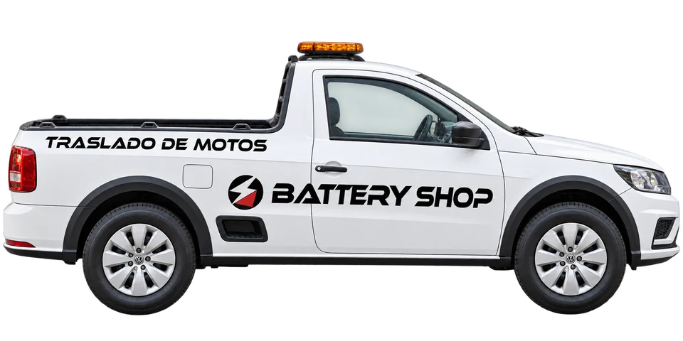 Pickup blanca de Battery Shop de perfil, recreación con IA